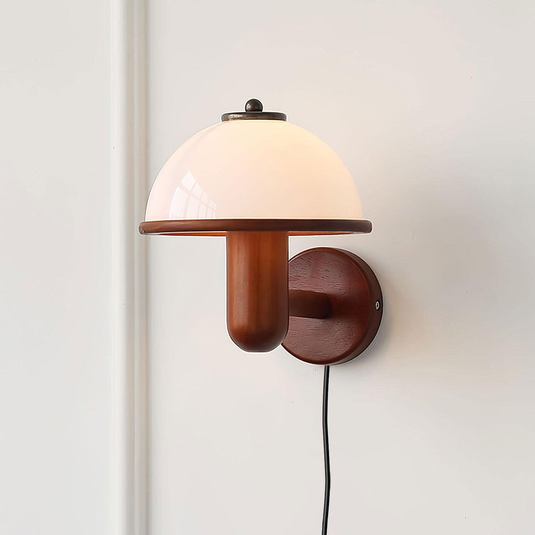 Oak Wood Mushroom Wall Light with White Shade