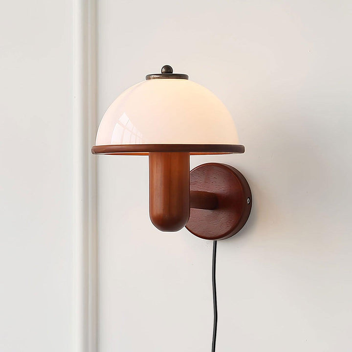 Oak Wood Mushroom Wall Light with White Shade