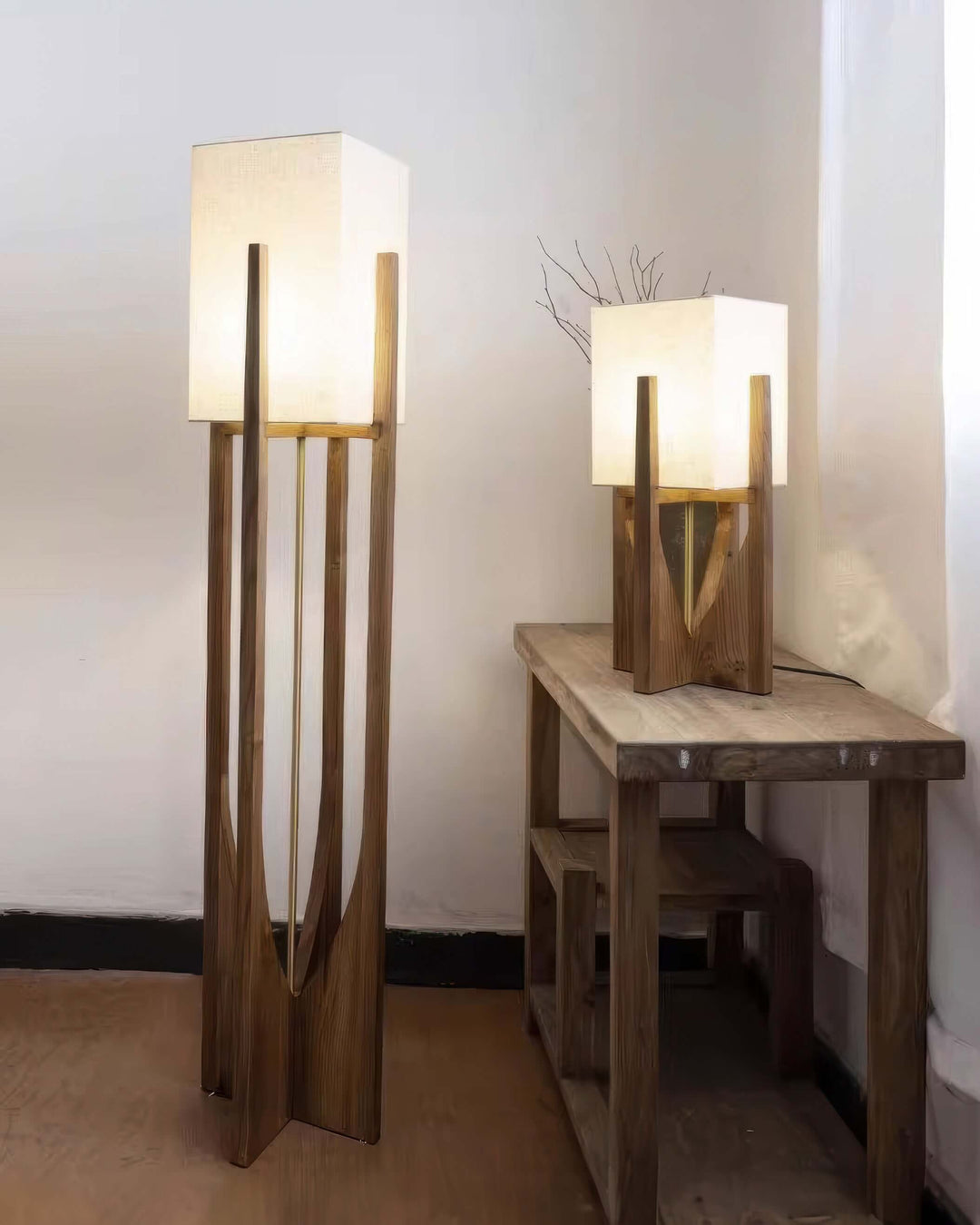 Adjustable Wooden Floor Lamp with Fabric Shade