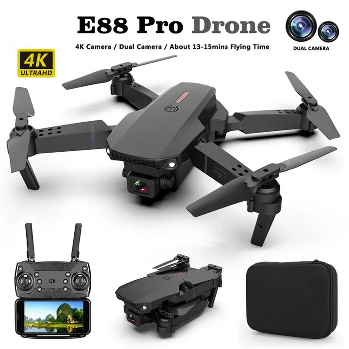 "E88 Pro 4K Dual-Camera Drone, wide-angle lens, durable lightweight frame, LED lights, captures high-definition aerial views"