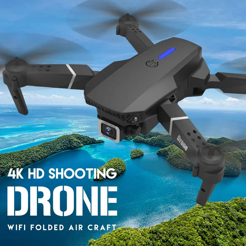 "E88 Pro 4K Dual-Camera Drone, wide-angle lens, durable lightweight frame, LED lights, captures high-definition aerial views"