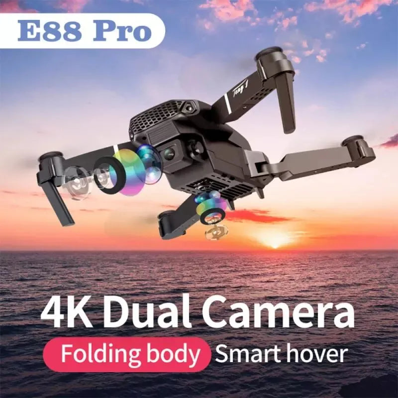 "E88 Pro 4K Dual-Camera Drone, wide-angle lens, durable lightweight frame, LED lights, captures high-definition aerial views"