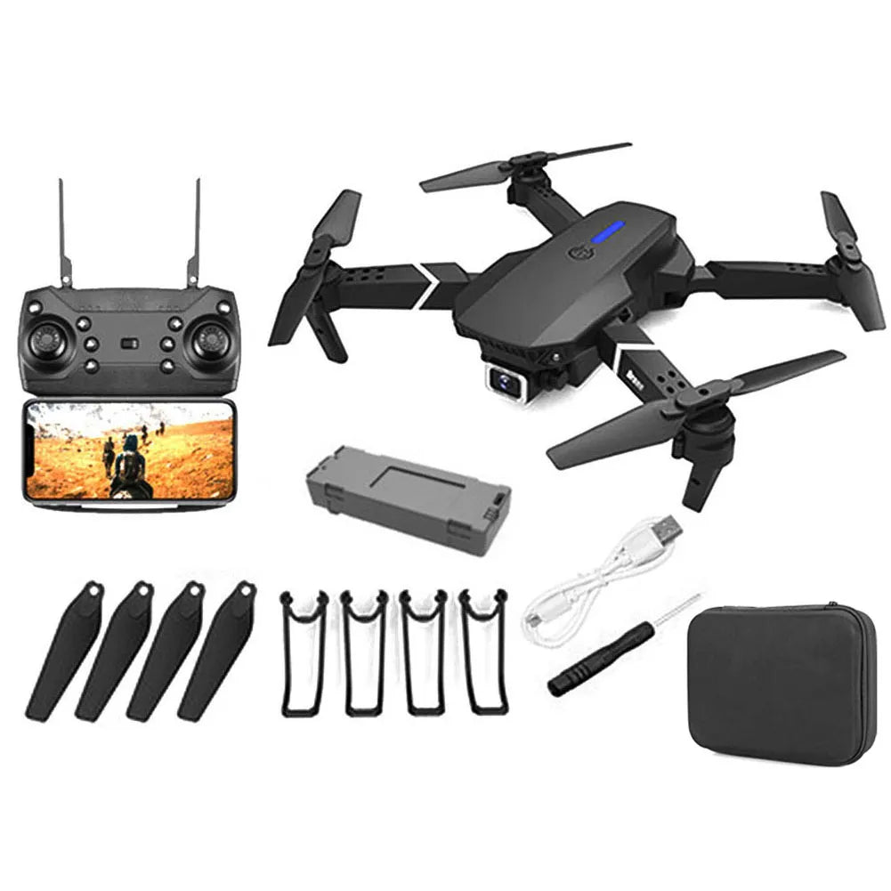 "E88 Pro 4K Dual-Camera Drone, wide-angle lens, durable lightweight frame, LED lights, captures high-definition aerial views"
