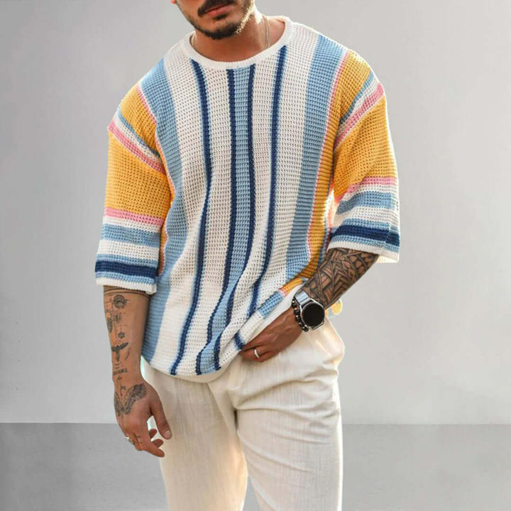Men's Striped Knitted Sweater - Short Sleeve