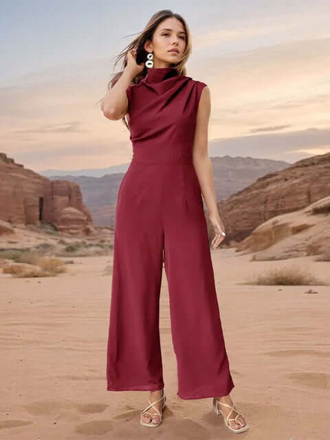 Women's Sleeveless High Collar Top and Wide-Leg Pants Set