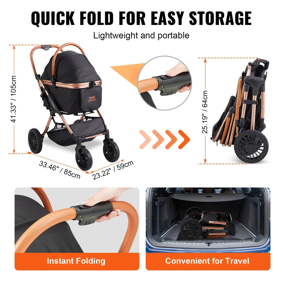Easy-Fold dog stroller with detachable basket, breathable mesh panels, and rear wheel brakes for small dogs.