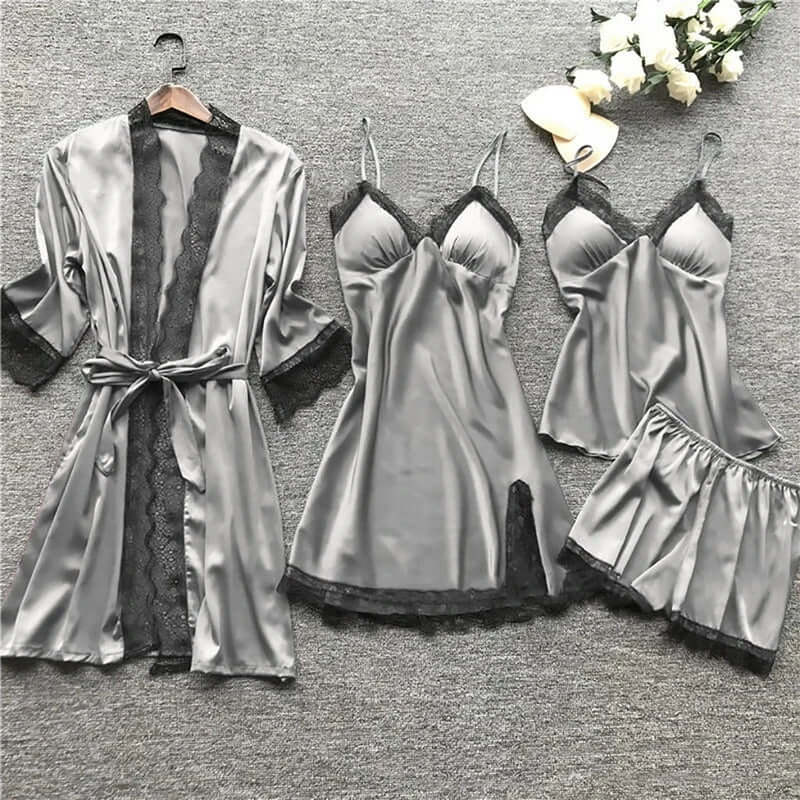 Women's 5-Piece Satin Sleepwear Set with Lace