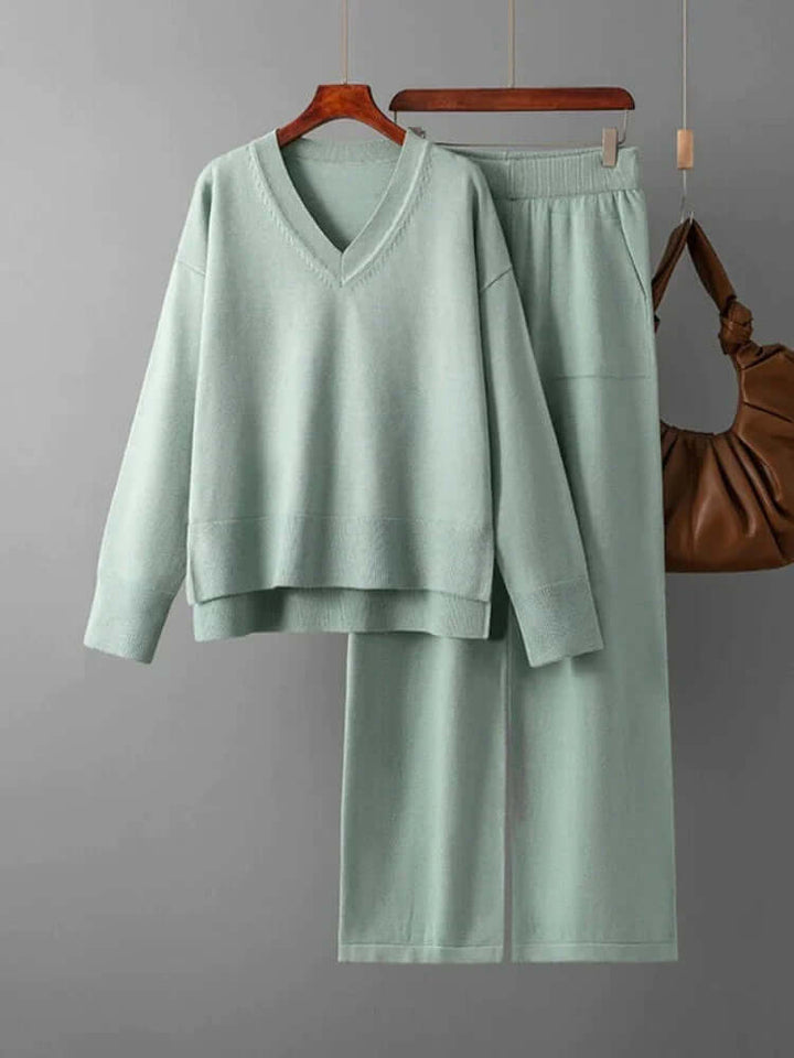 Women's V-Neck Sweater and Wide-Leg Trousers Set