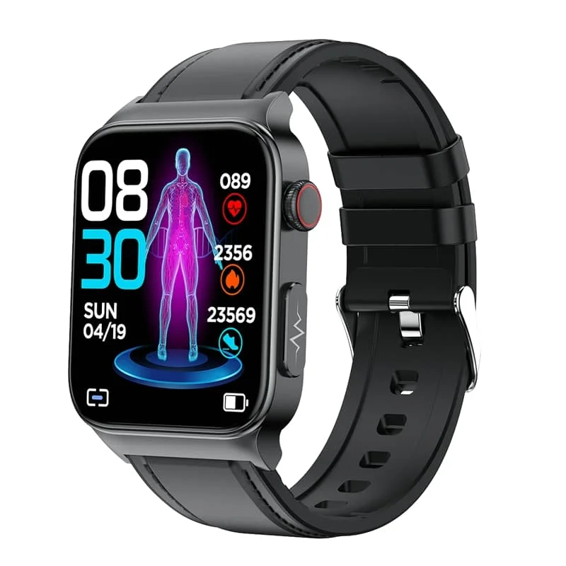 "ECG smart watch for men and women with 1.83'' HD touch screen, health monitoring features, and sleek black design."