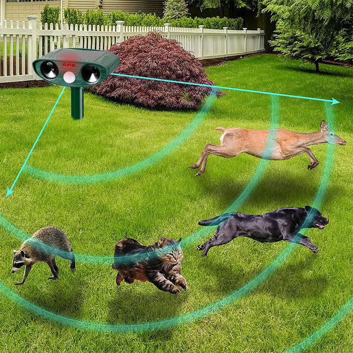 Eco-friendly solar-powered ultrasonic animal repeller, weather-resistant, uses solar energy, modern design for garden protect