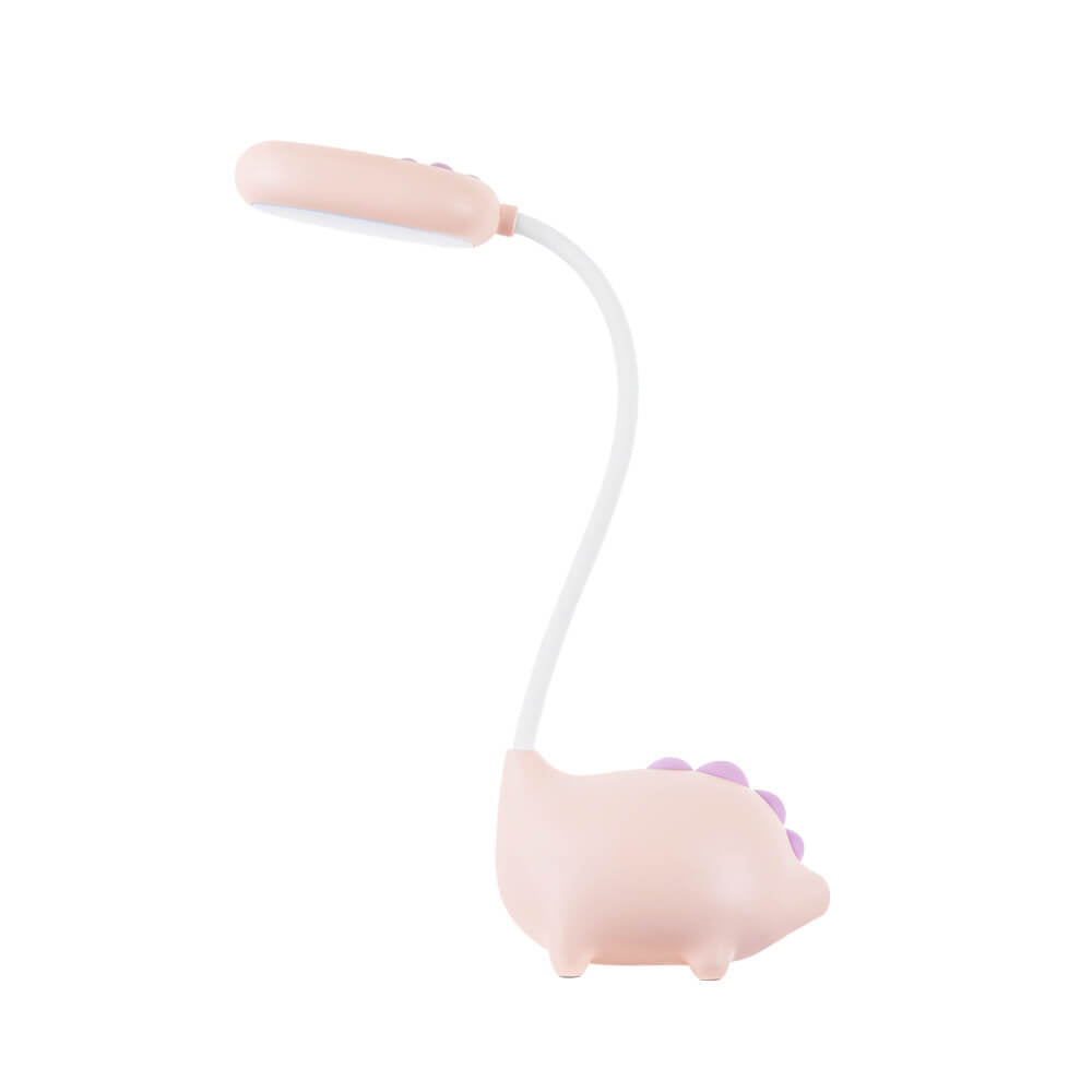 Eco-friendly T-Rex LED desk light for kids; whimsical dino shape, adjustable neck, soft eye-caring light; available in yellow