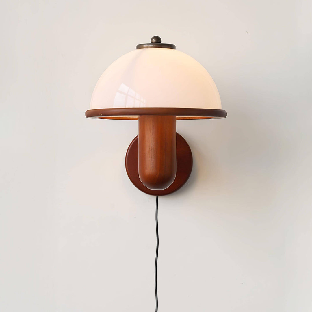Oak Wood Mushroom Wall Light with White Shade