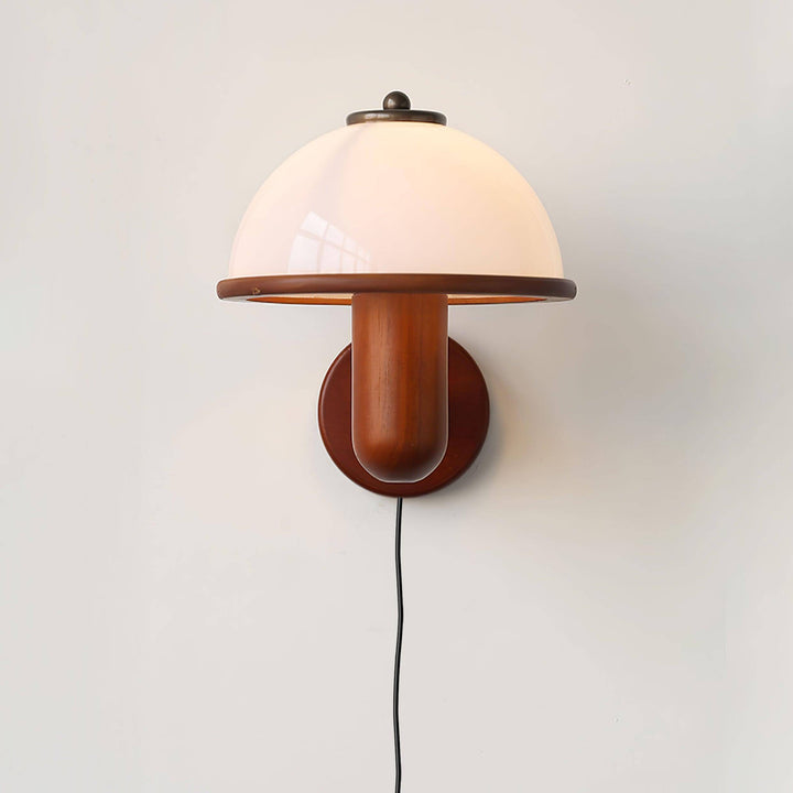 Oak Wood Mushroom Wall Light with White Shade
