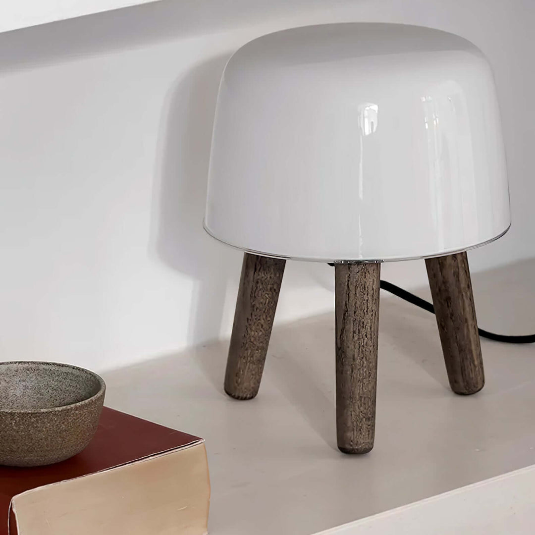 Wooden Tripod Table Lamp with Glass Shade