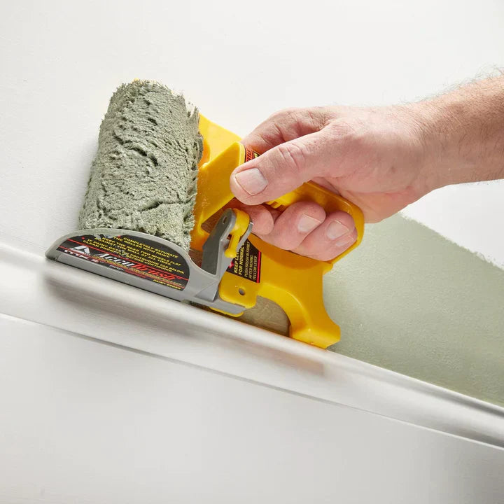 Edge and corner paint roller tool with ergonomic handle and precise side guide for clean lines without tape.