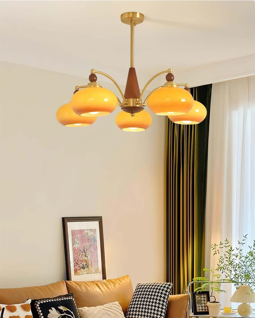 Retro Wood & Brass Chandelier