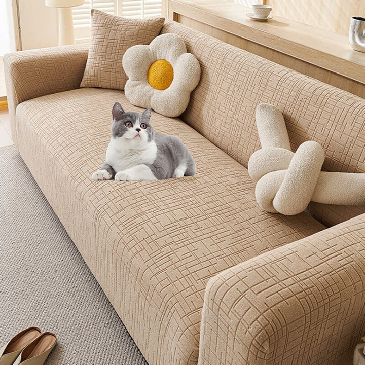 Elastic Jacquard Anti-Scratch Sofa Cover for Pets, stretchy plaid fabric, protects from scratches, ideal for families.