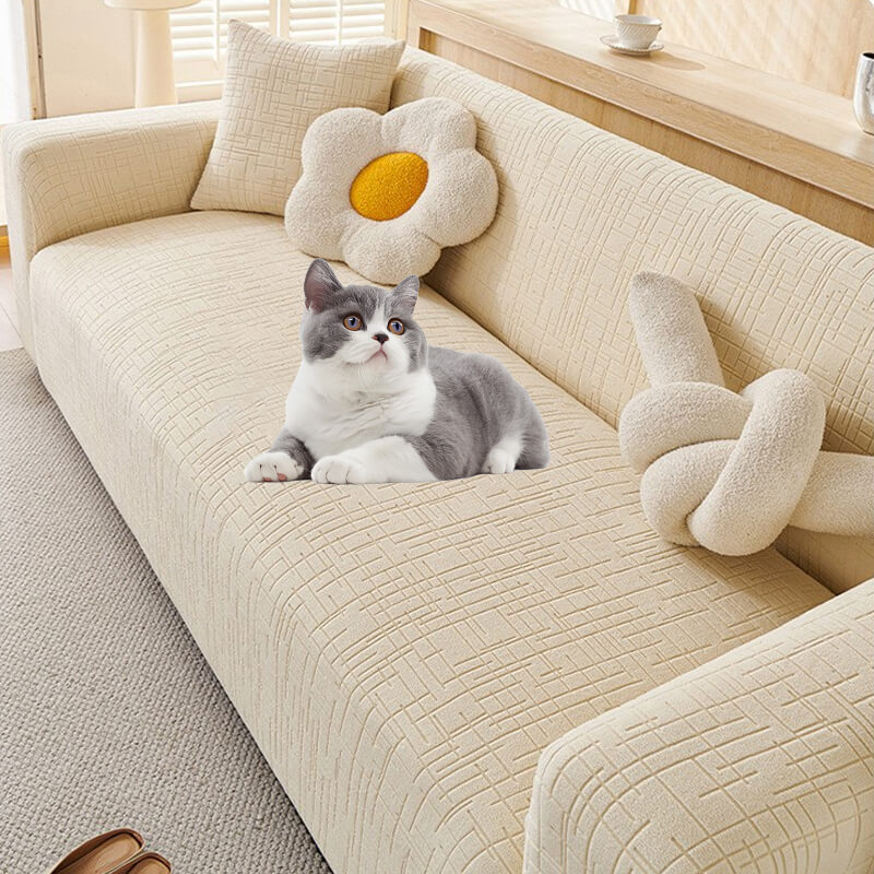 Elastic Jacquard Anti-Scratch Sofa Cover for Pets, stretchy plaid fabric, protects from scratches, ideal for families.