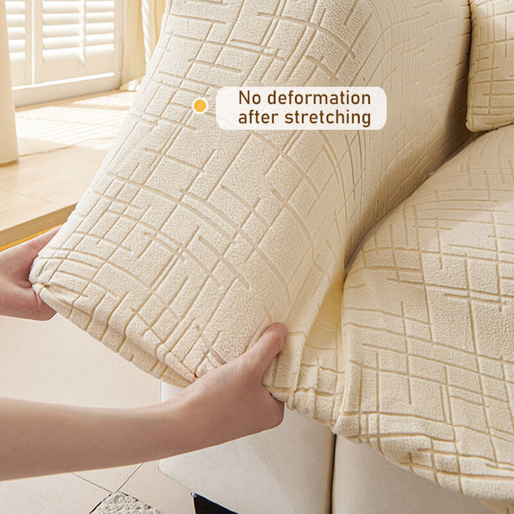 Elastic Jacquard Anti-Scratch Sofa Cover for Pets, stretchy plaid fabric, protects from scratches, ideal for families.