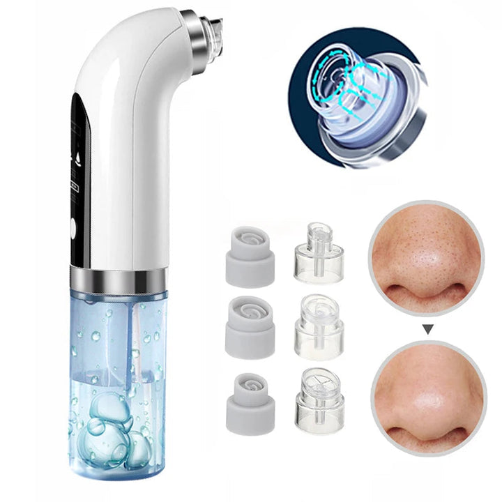 Electric blackhead remover pore vacuum on white background, featuring ergonomic design with interchangeable suction heads.