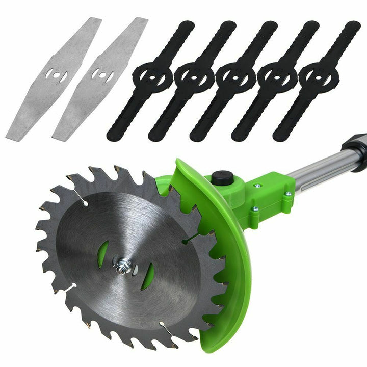 "Electric cordless weed eater with 24V motor, ergonomic handle, adjustable length, durable aluminum and plastic design."