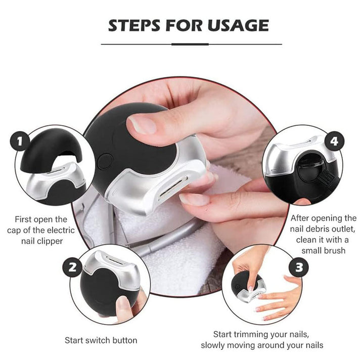 Electric nail clipper with sleek design, safe hidden blade, dual-speed modes for all ages, perfect for effortless grooming.