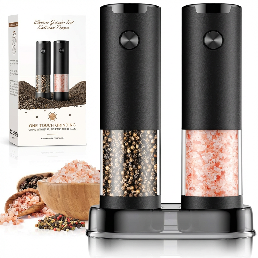 Electric salt and pepper grinder set for kitchen. Battery-operated with adjustable coarseness & LED light for easy seasoning.