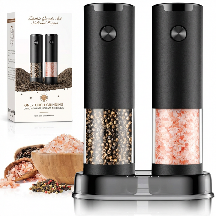Electric salt and pepper grinder set for kitchen. Battery-operated with adjustable coarseness & LED light for easy seasoning.