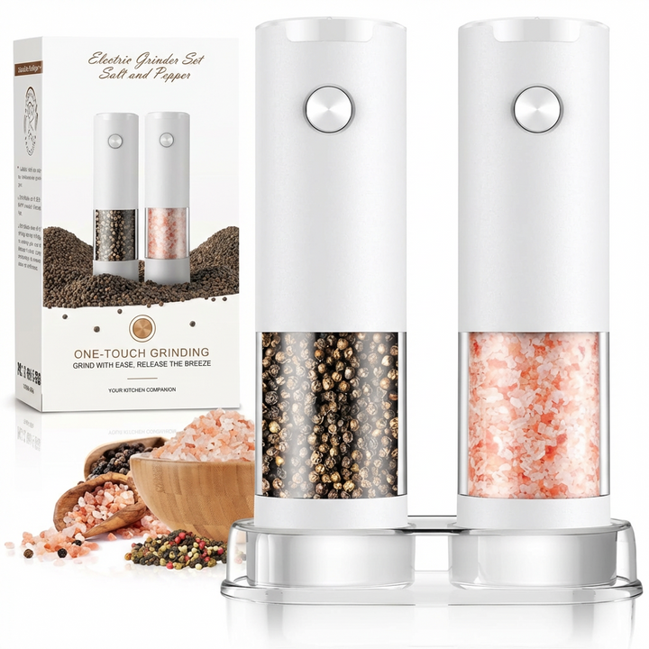 Modern electric spice mill duo for salt & pepper. Features LED illumination & adjustable grind. Essential kitchen appliance.