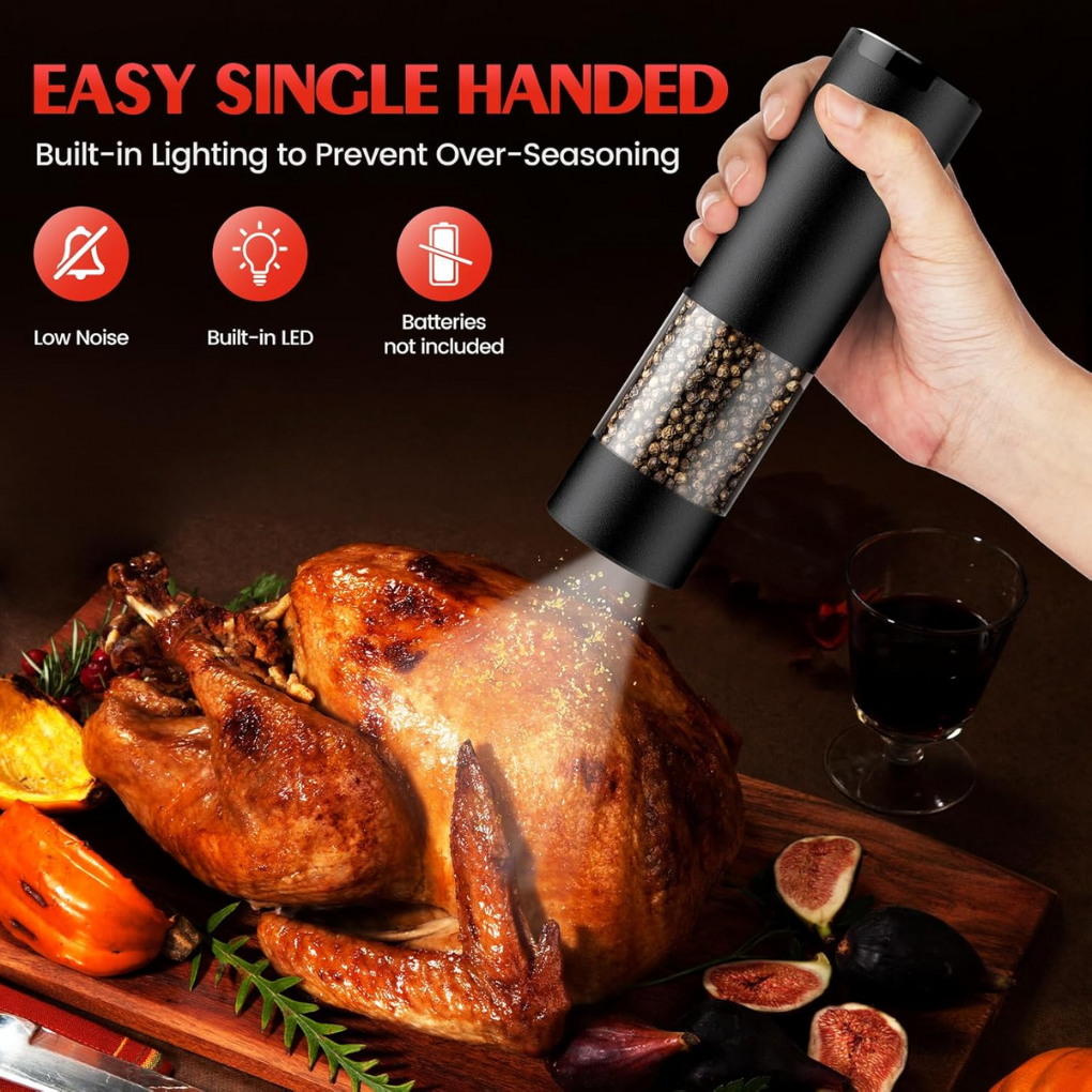 Automatic salt and pepper grinder set. Hands-free operation with adjustable coarseness and bright LED light for cooking.