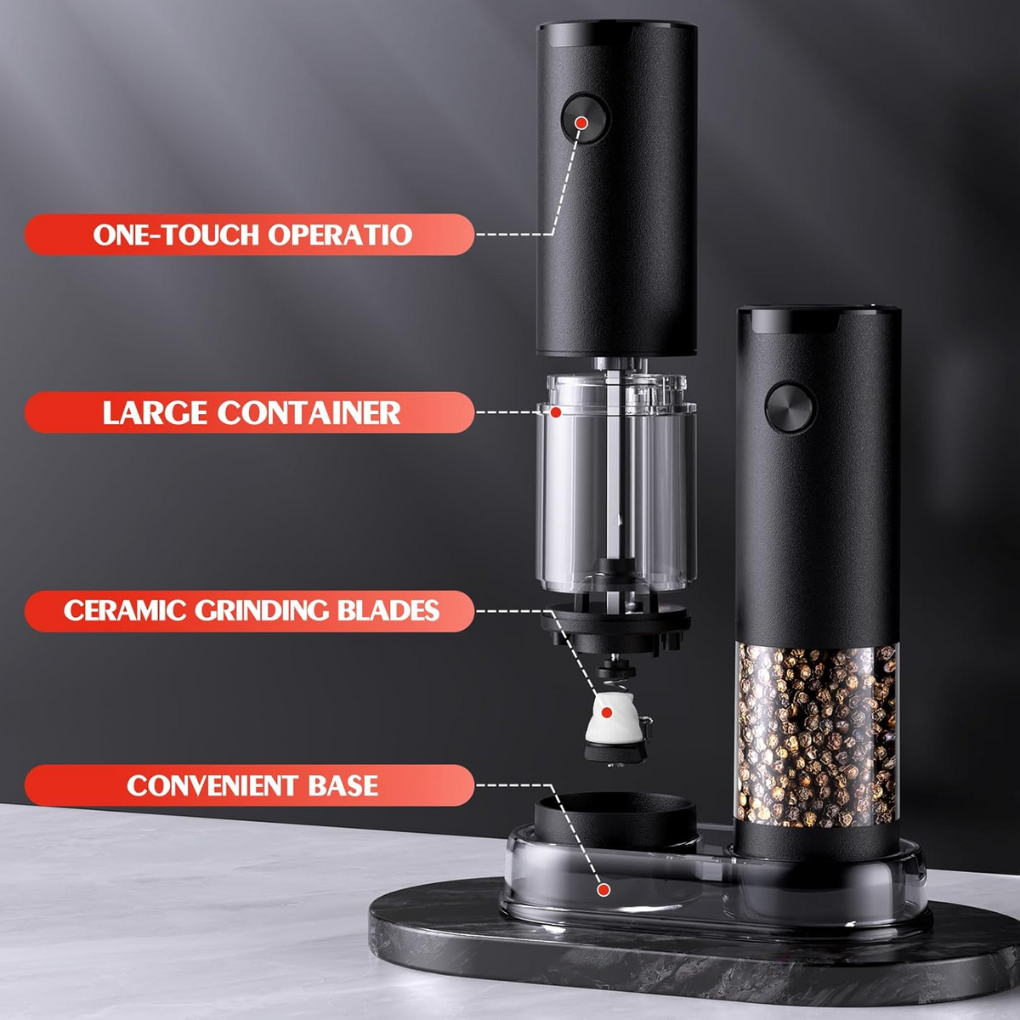 Sleek electric salt & pepper mills, perfect kitchen tool. Battery-powered seasoning set with LED light and adjustable grind.