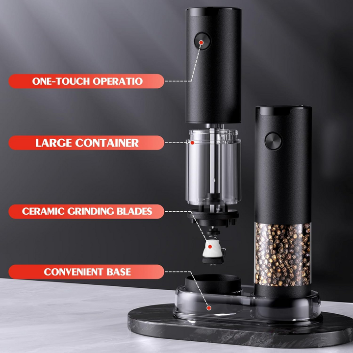 Sleek electric salt & pepper mills, perfect kitchen tool. Battery-powered seasoning set with LED light and adjustable grind.