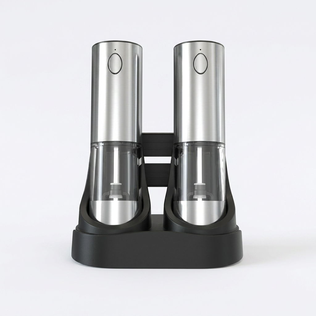Premium electric salt grinder and pepper mill set. Durable kitchen appliance with LED light, adjustable coarseness, and gift potential.