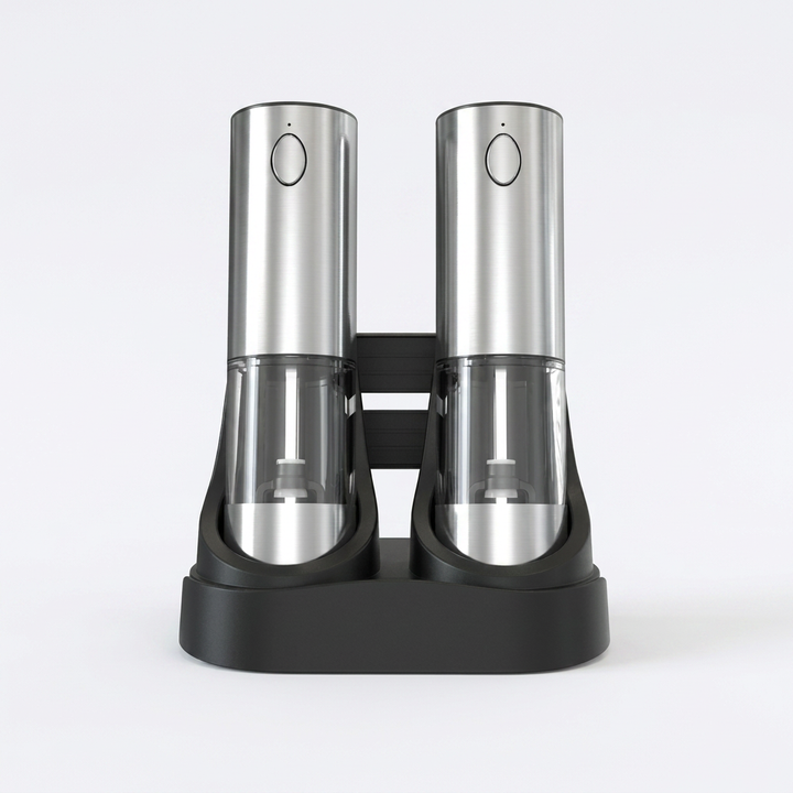 Premium electric salt grinder and pepper mill set. Durable kitchen appliance with LED light, adjustable coarseness, and gift potential.