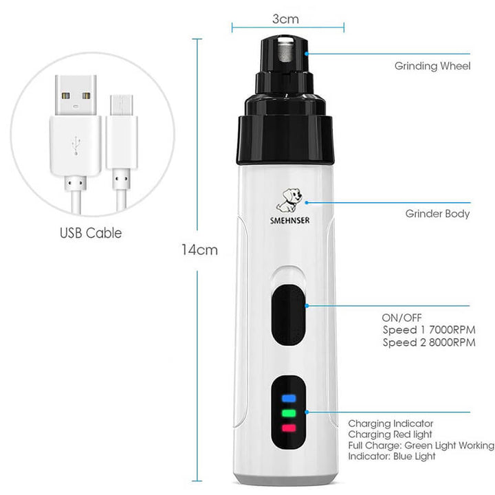 Electric silent nail trimmer for dogs and cats, lightweight, USB rechargeable, ultra-quiet, stress-free pet grooming tool.