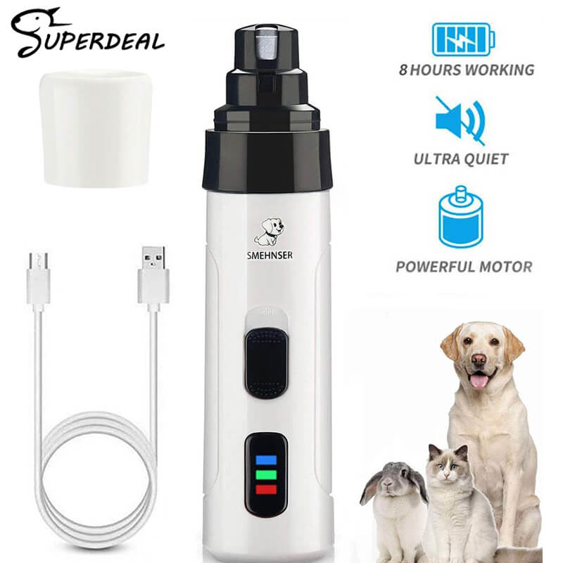 Electric silent nail trimmer for dogs and cats, lightweight, USB rechargeable, ultra-quiet, stress-free pet grooming tool.