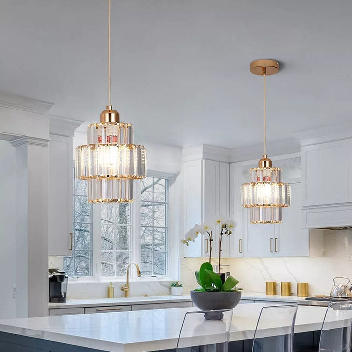 "Elegance shines in this glass crystal ceiling pendant light, ideal for hallways with its sophisticated design and warm glow.