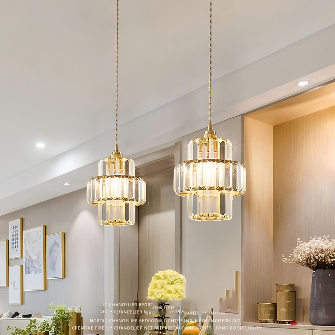 "Elegance shines in this glass crystal ceiling pendant light, ideal for hallways with its sophisticated design and warm glow.