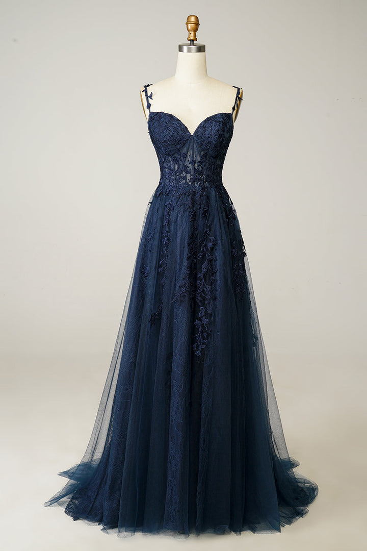 Elegant A-line ball gown for women with intricate appliques, perfect for formal events & special occasions.