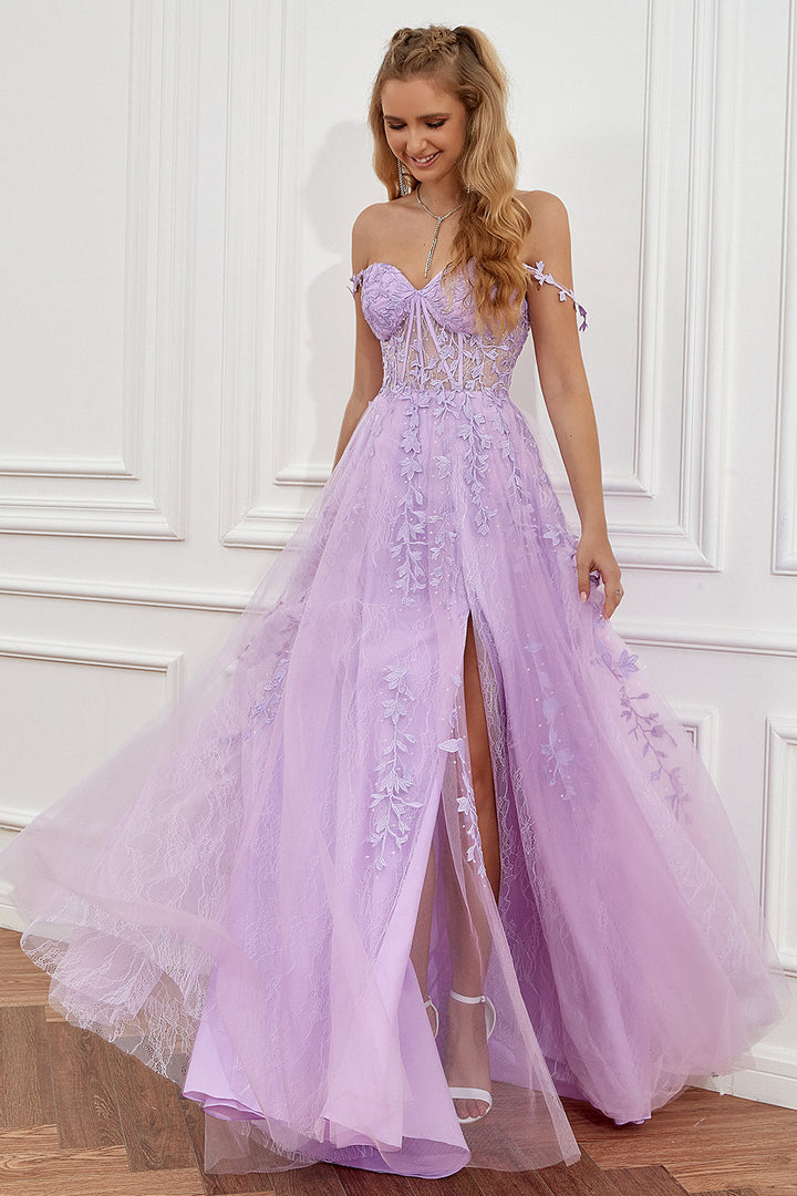 Women's special occasion A-line ball gown with stunning appliques, available in navy, lilac & pink.