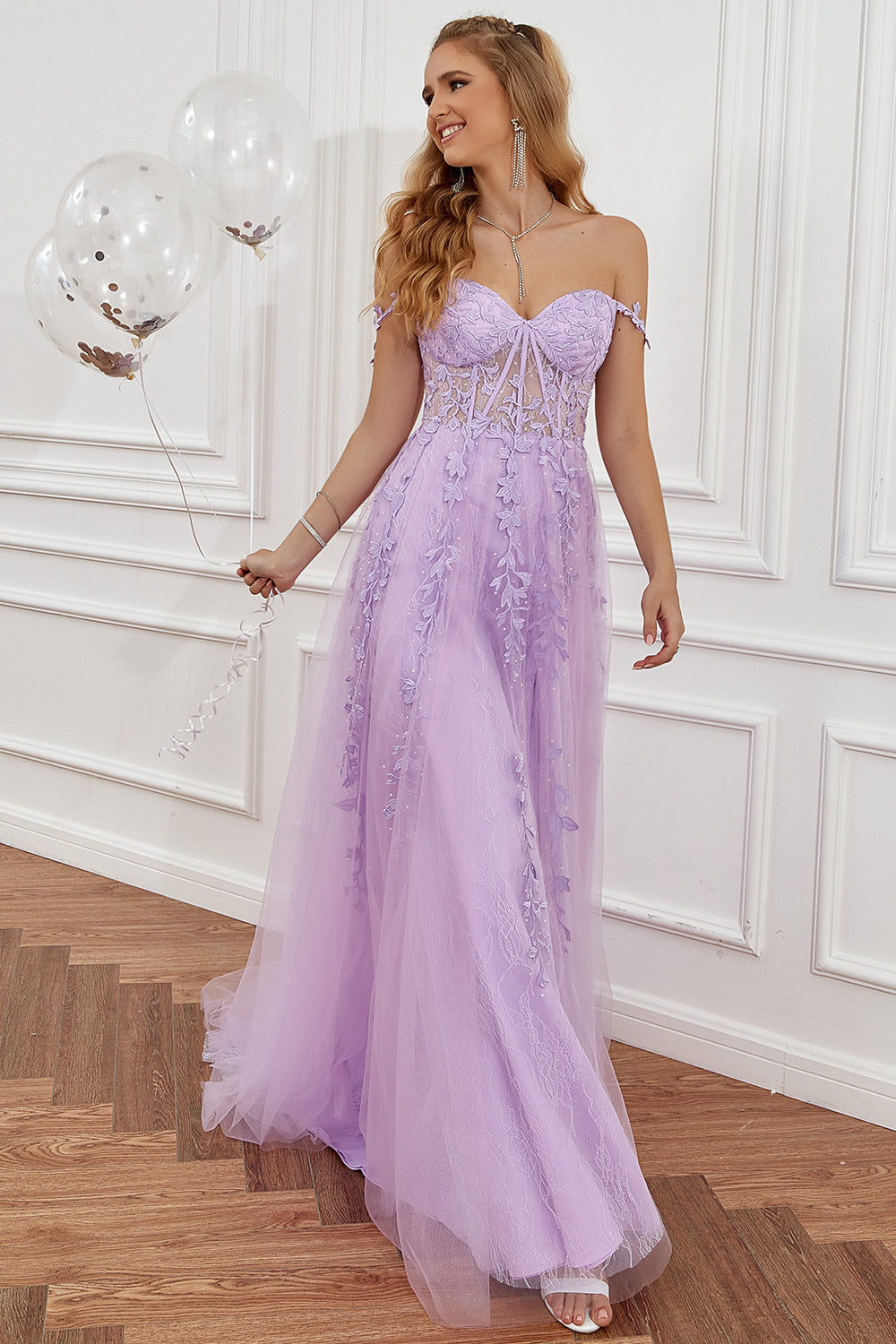 Formal A-line gala dress featuring beautiful appliques and a flattering cut for a sophisticated style.