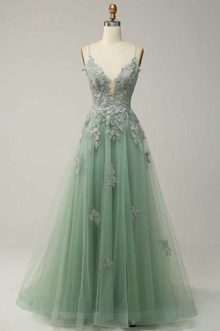 Sophisticated A-line gala dress for women, featuring exquisite delicate appliqués.