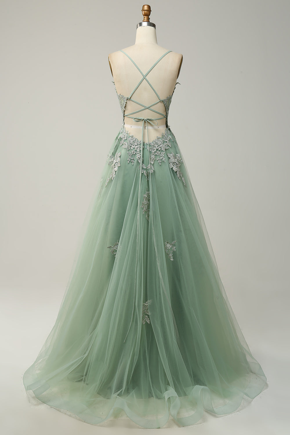 Elegant women's A-line long party dress with delicate appliqués.