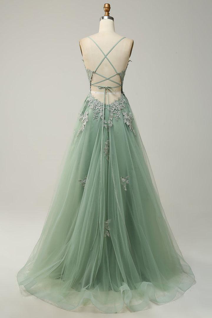 Elegant women's A-line long party dress with delicate appliqués.