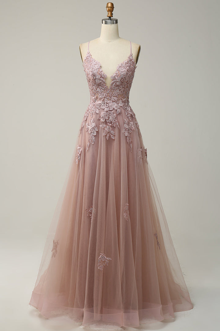 Women's formal A-line special occasion gown, intricate appliqué details.