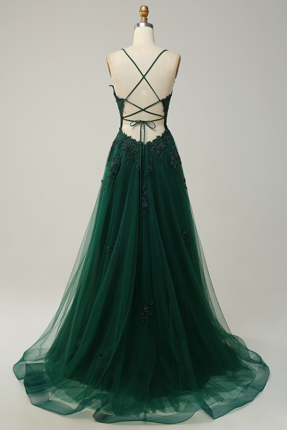 Women's sophisticated A-line formal dress with intricate appliqués.