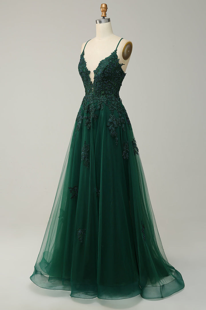 Flowing A-line evening gown for women, delicate lace-like appliqués detail.