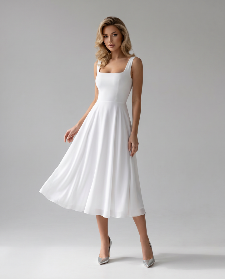 Elegant A-line summer midi dress for women, perfect for warm weather events or sophisticated daytime wear.