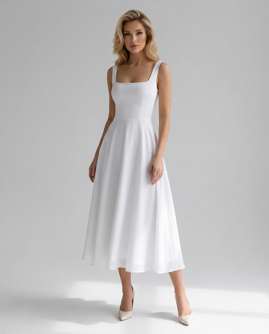 Women's versatile A-line midi dress, ideal for a wedding guest, summer party, or formal evening occasion.