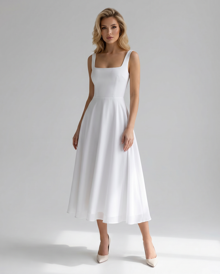 Women's versatile A-line midi dress, ideal for a wedding guest, summer party, or formal evening occasion.